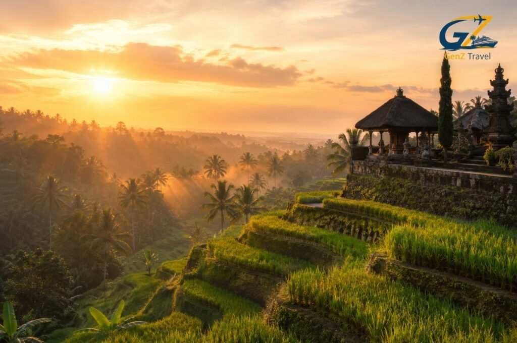 Bali rice terraces at sunset in Indonesia