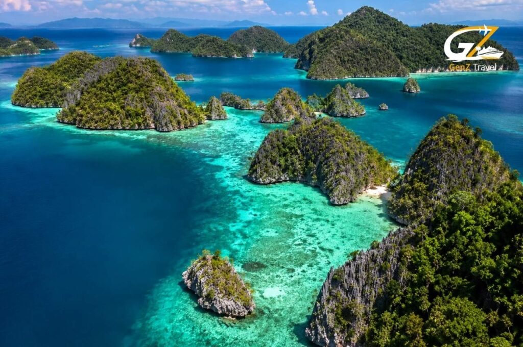 Aerial view of Raja Ampat islands with turquoise lagoons and lush limestone islets in Indonesia