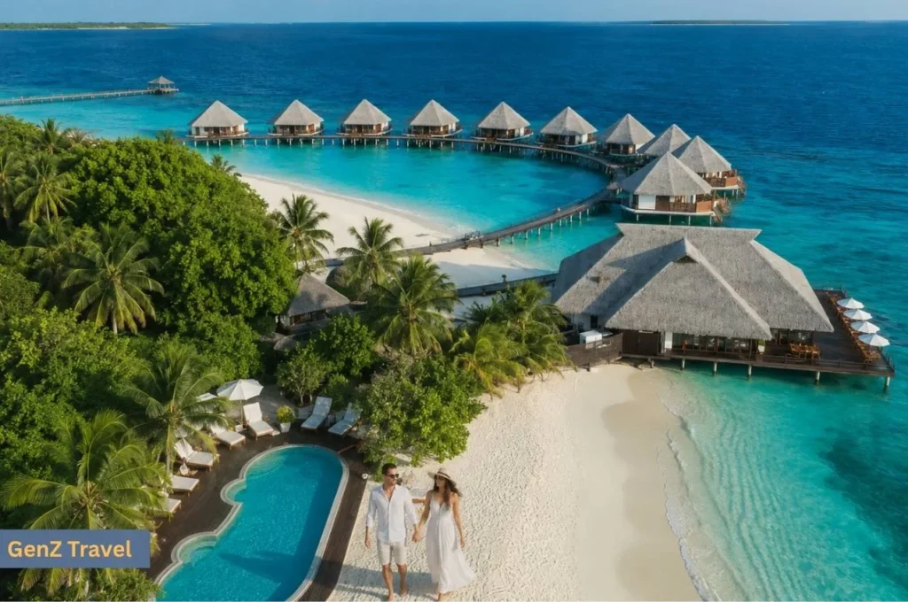 Aerial view of Adaaran Select Meedhupparu with overwater villas, beach, pool and a couple walking