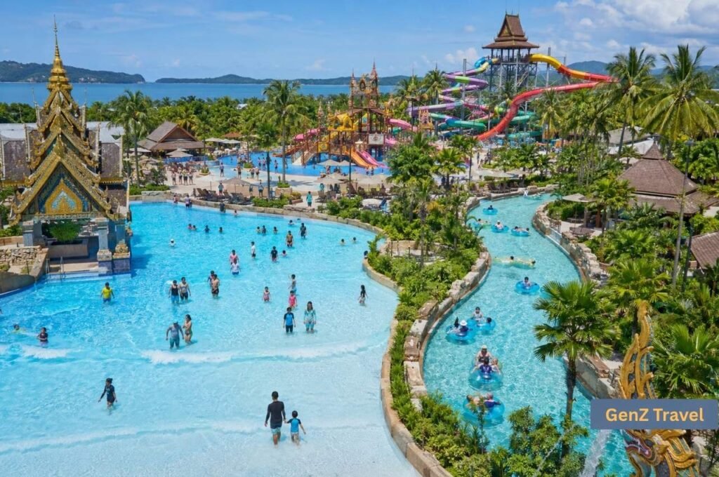 Wave pool, lazy river and colourful slides surrounded by Thai-style architecture at Andamanda Phuket