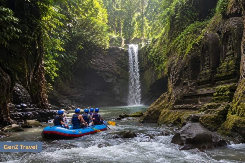 White-water rafting group approaching a jungle waterfall on Bali’s Ayung River.