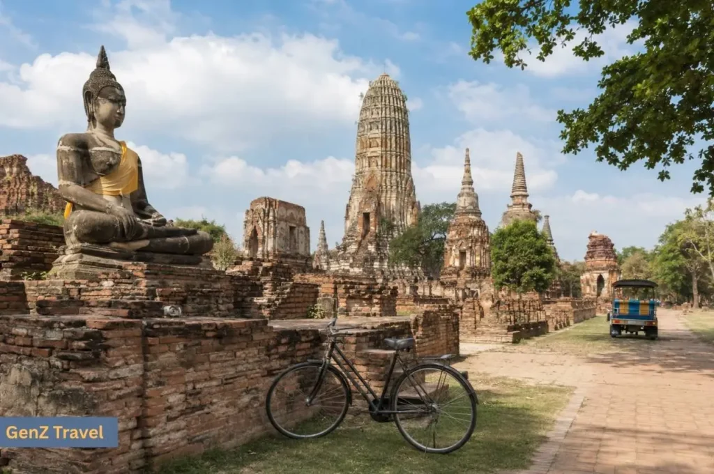 Ancient temple ruins, Buddha statue, bicycle and tuk-tuk in Ayutthaya Historical Park
