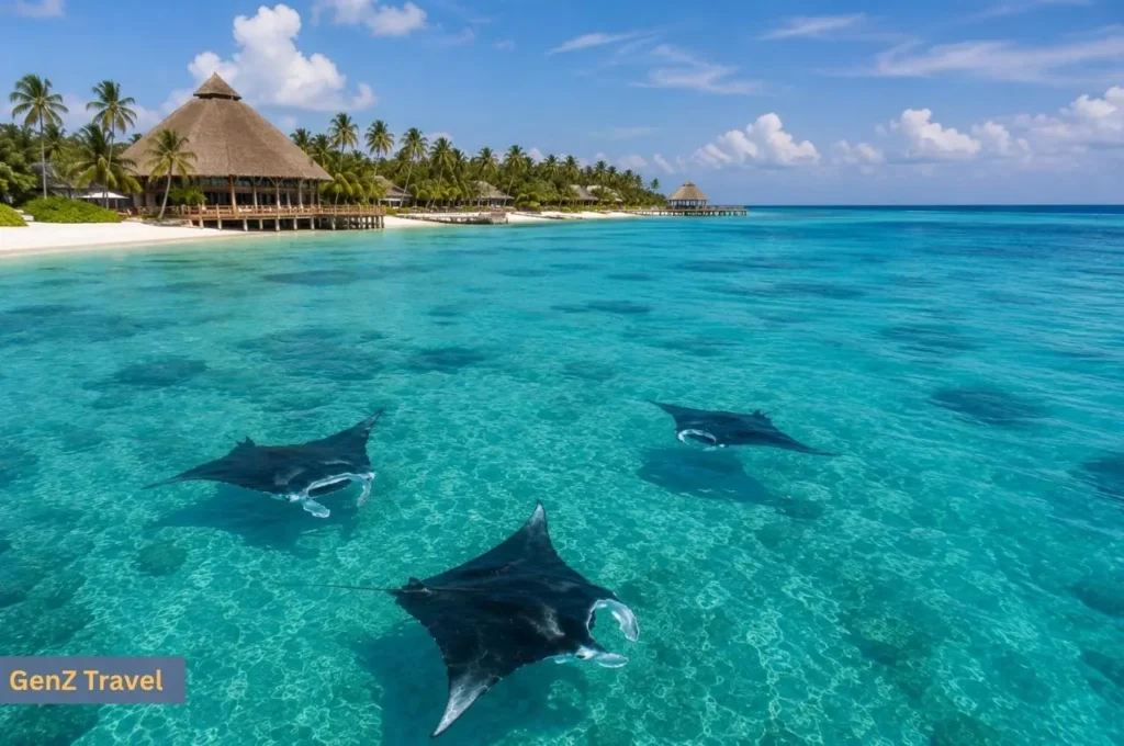 Manta rays swimming through clear turquoise water beside a luxury resort in Baa Atoll