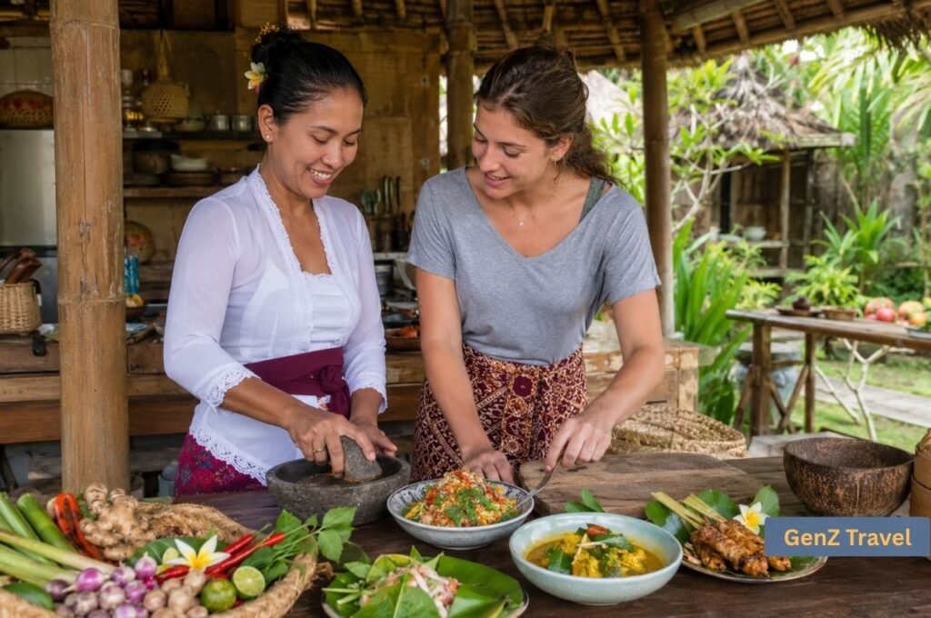 Traveller learning to prepare traditional Balinese food with a local cook in an open-air kitchen.