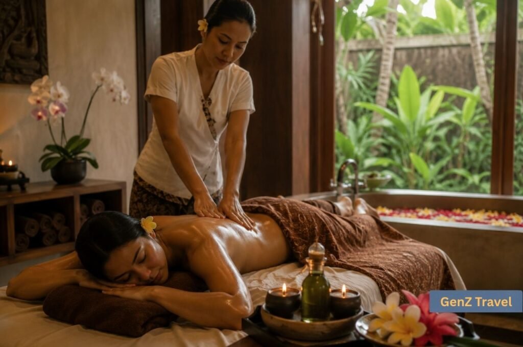 Guest receiving a traditional Balinese massage in a peaceful tropical spa.