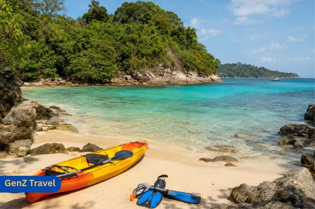 Phuket adventure beach with kayak, snorkelling gear and clear tropical water