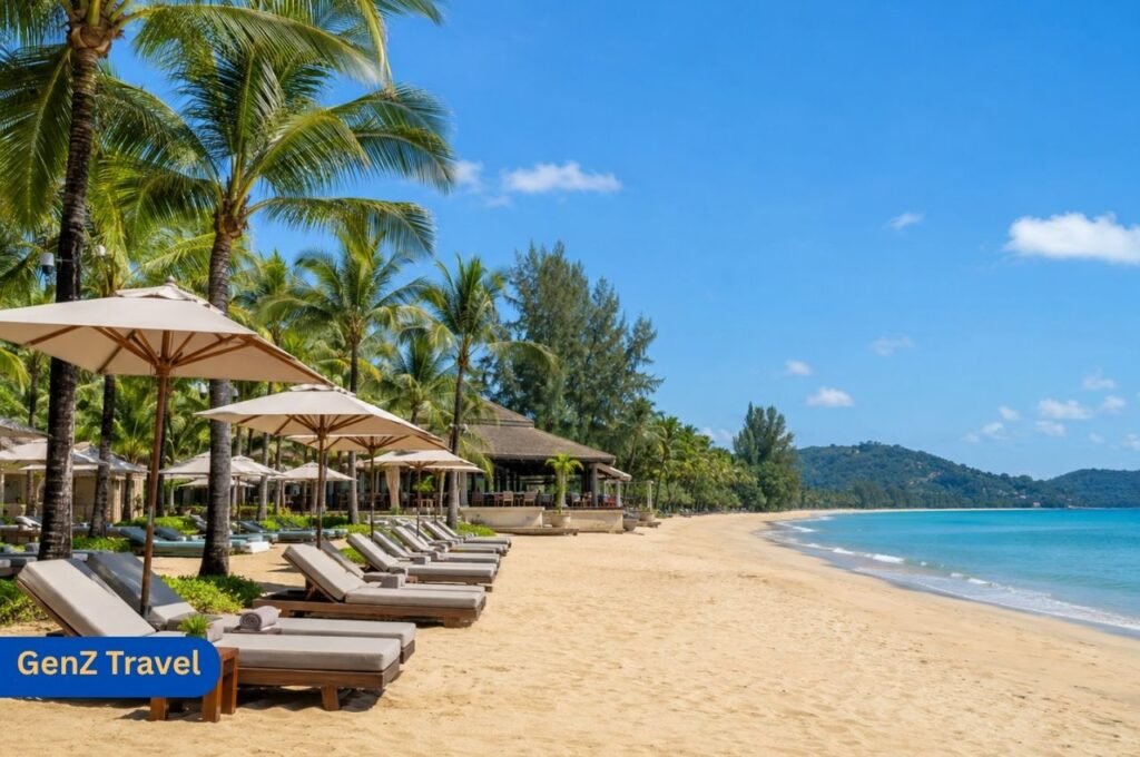 Bang Tao Beach Phuket luxury resort shoreline with sun loungers and palm trees