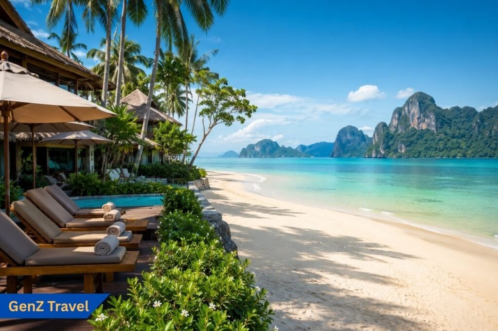 Beachfront Thailand resort with white sand and turquoise sea