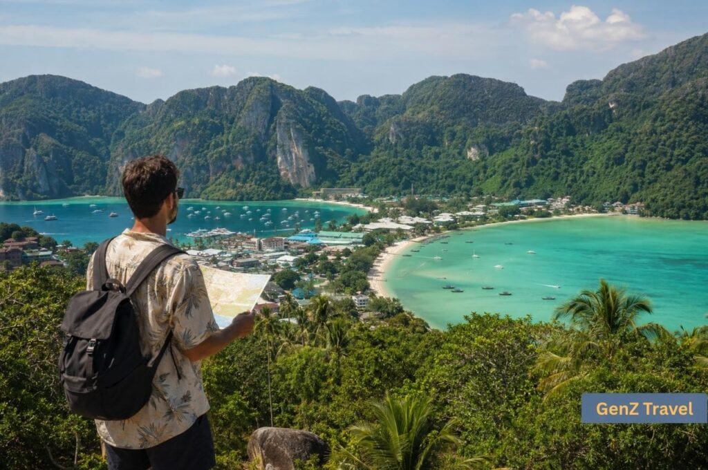 Traveller comparing the best areas to stay in Phi Phi from an island viewpoint