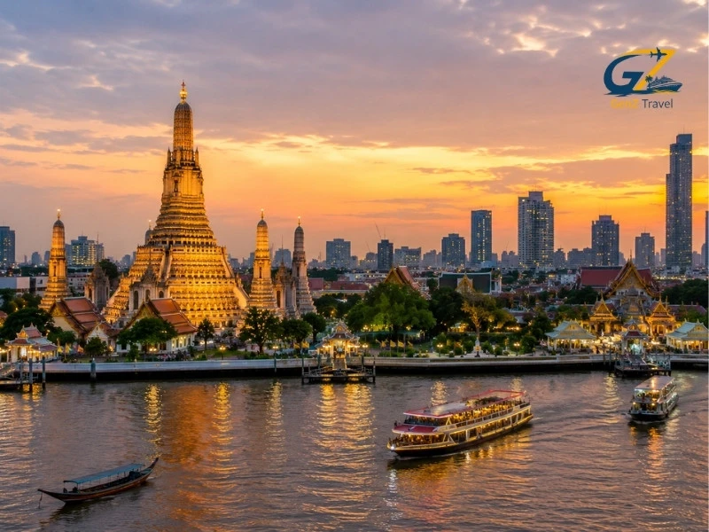 Best places to visit in Thailand, featuring Wat Arun and the Chao Phraya River in Bangkok at sunset