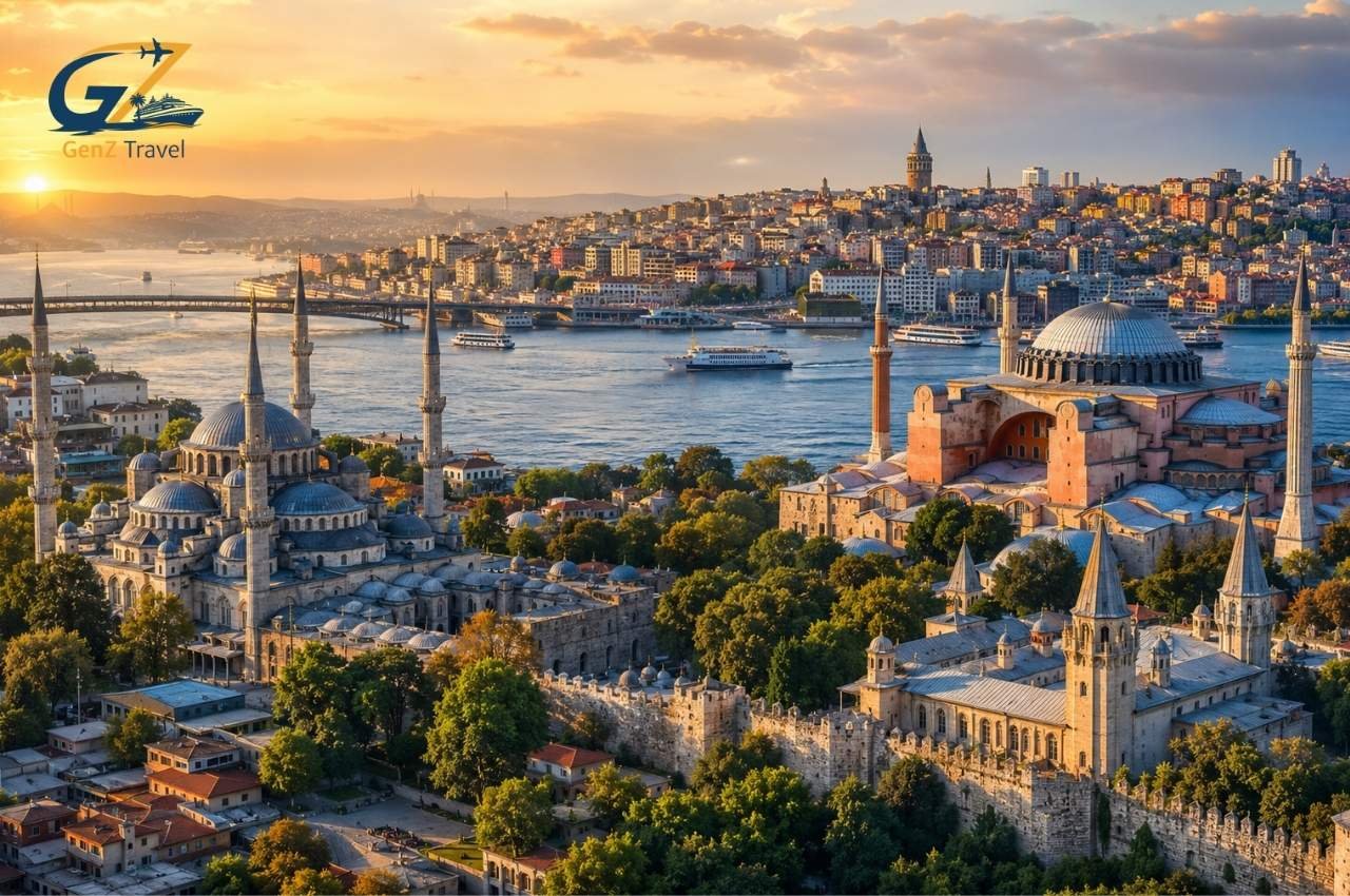 Best places to visit in Turkey include Istanbul skyline, Hagia Sophia, Blue Mosque and Bosphorus at sunset.