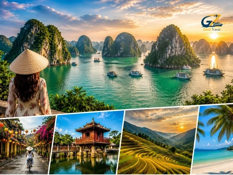 Best places to visit in Vietnam, featuring Ha Long Bay, Hoi An, a historic temple, rice terraces and a tropical beach