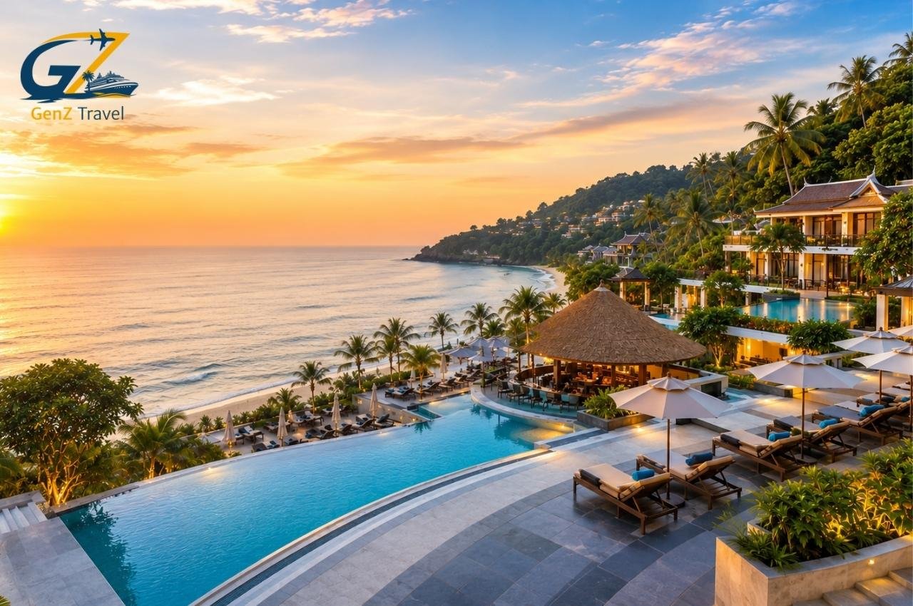 Best Resorts in Phuket overlooking a tropical beach with luxury infinity pools at sunset