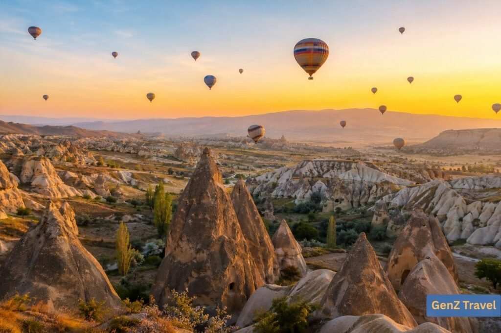 Hot-air balloons flying over Cappadocia’s fairy chimneys and valleys during a golden sunrise