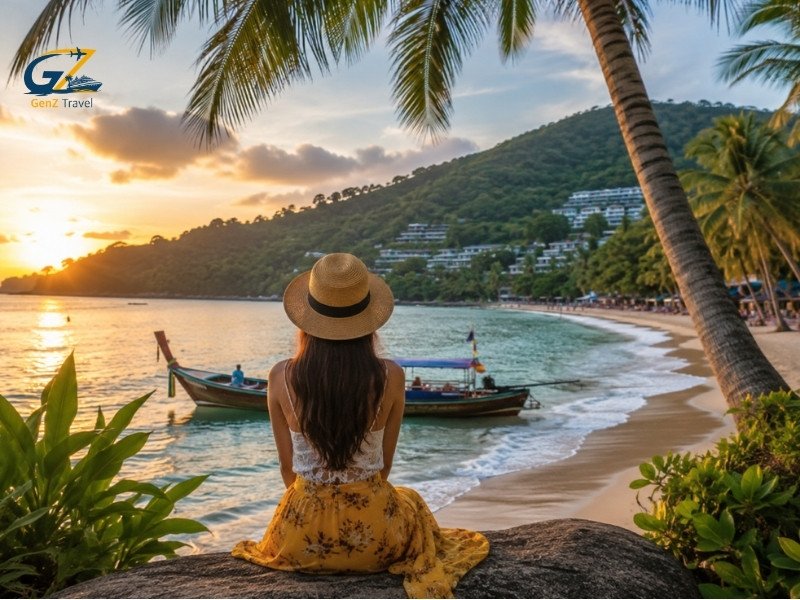 Best time to visit Phuket with a female traveller overlooking a tropical beach at sunset