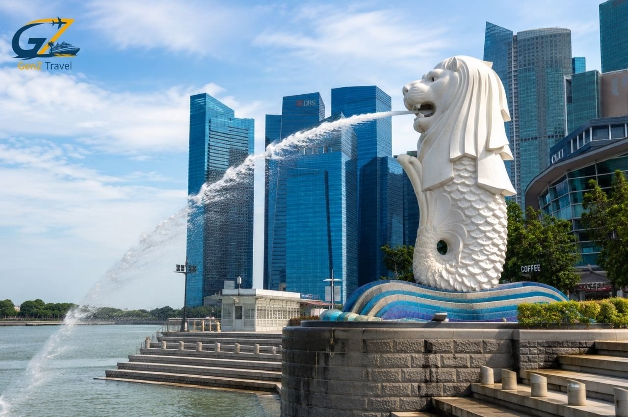 Merlion Park and Singapore skyline during the best time to visit Singapore.