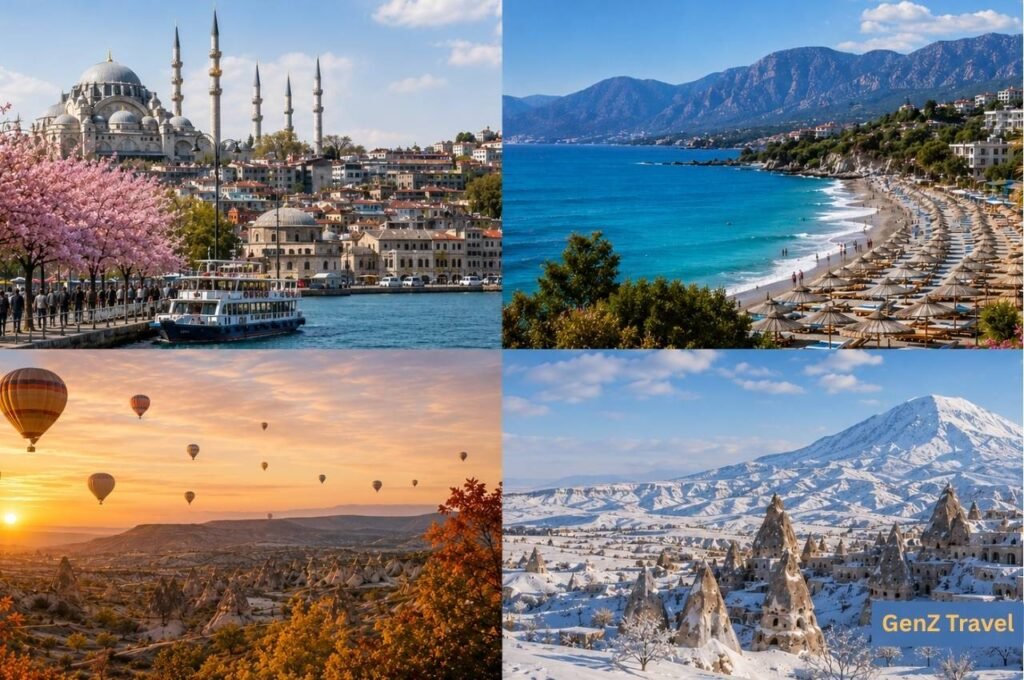 Seasonal Turkey collage showing spring in Istanbul, a summer beach, autumn in Cappadocia and a snowy winter landscape