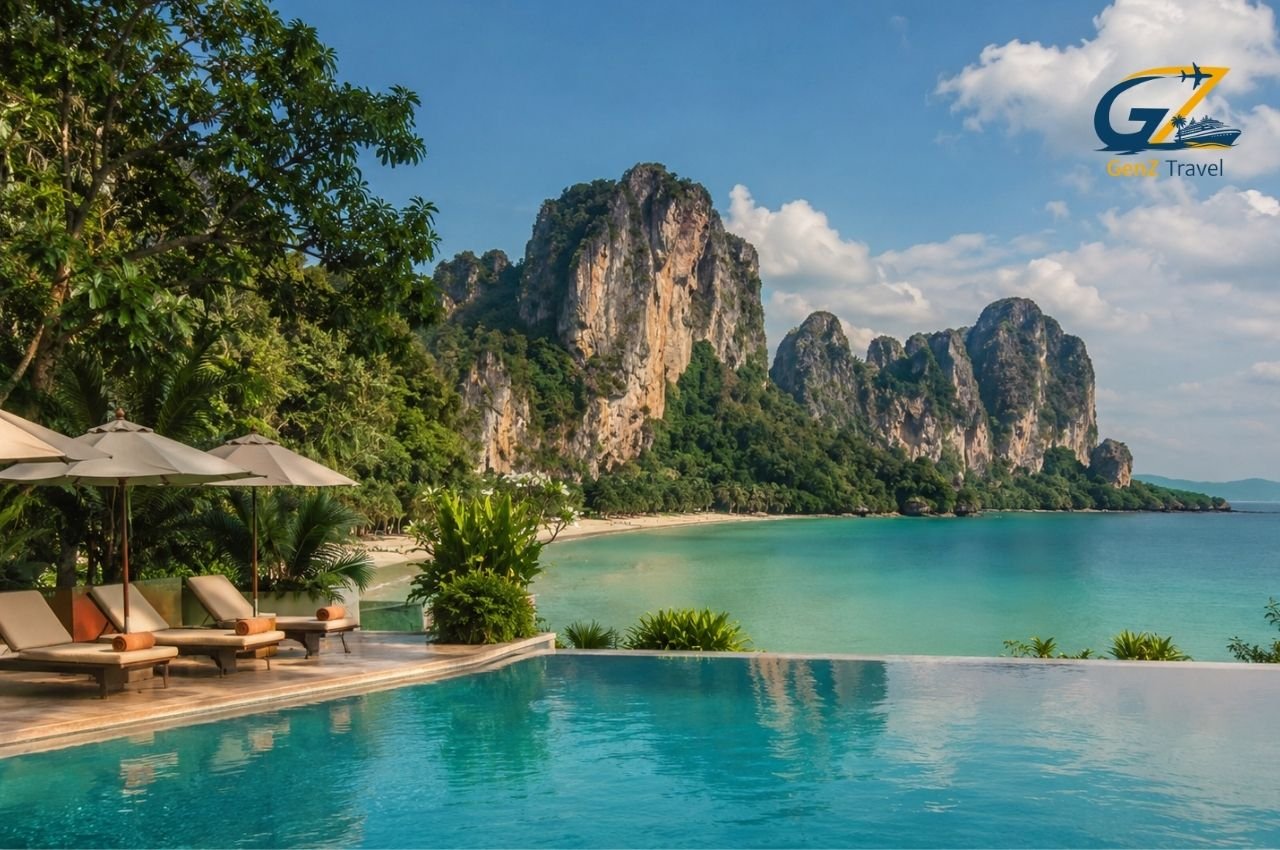 Best resorts in Thailand with infinity pool overlooking turquoise beach and limestone cliffs in Krabi