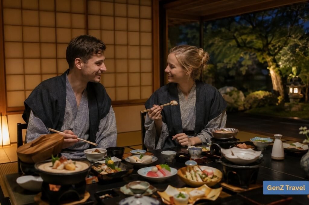 Couple enjoying a romantic kaiseki dinner in a Japanese ryokan on their honeymoon