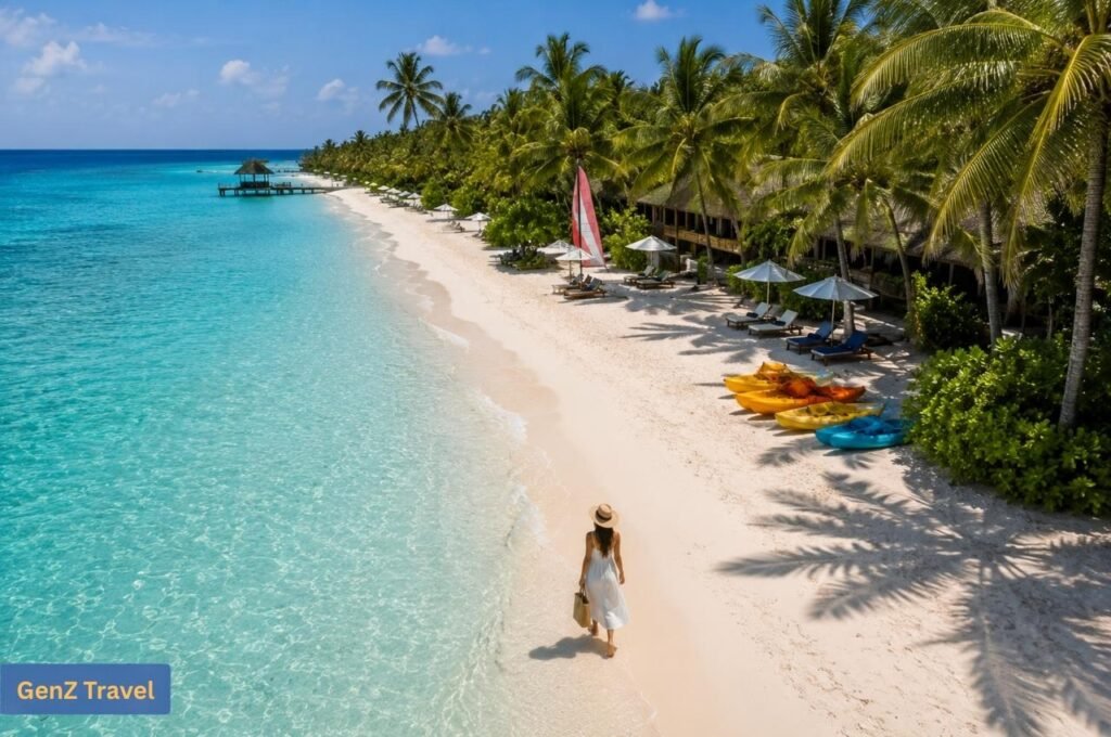 Aerial view of Canareef Beach with a long sandy shoreline, palm trees, beach villas and colourful kayaks.