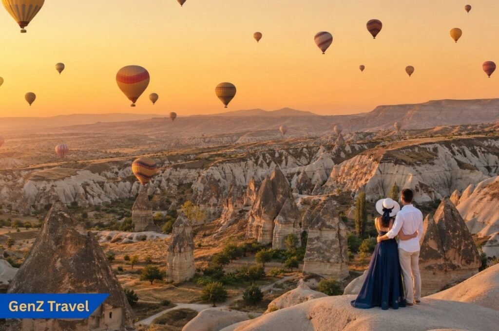 Cappadocia hot air balloons at sunrise over fairy chimneys in Turkey