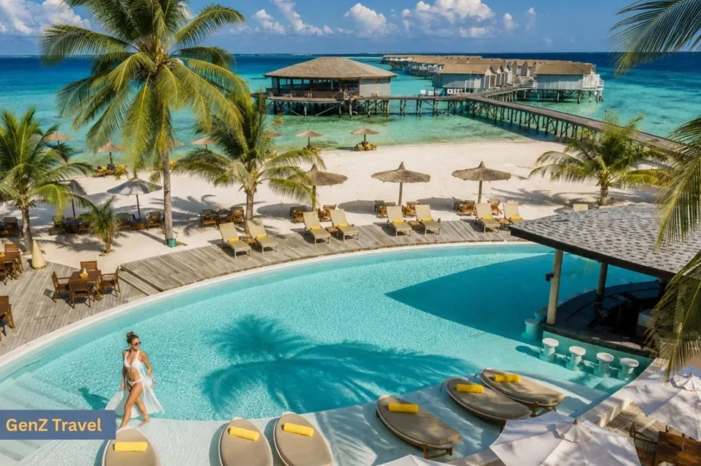 Woman walking through the swimming pool at Centara Ras Fushi with beach and overwater villas behind
