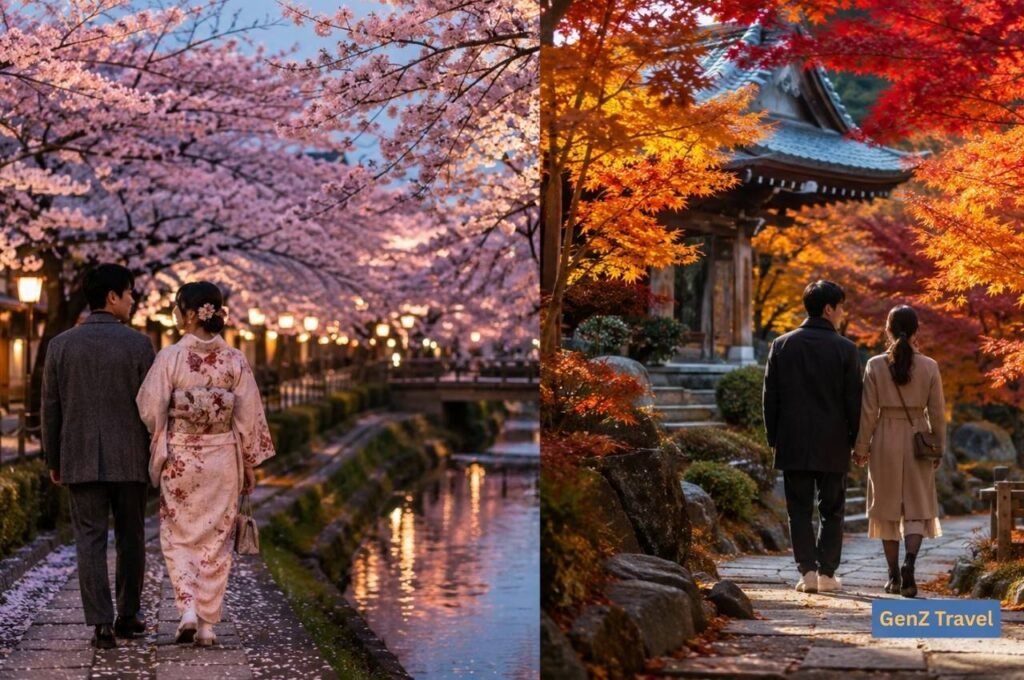 Couple walking through cherry blossoms and autumn colours on a romantic Japan honeymoon
