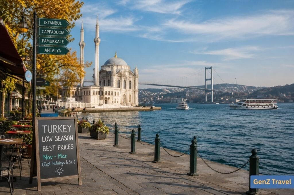 Quiet low-season waterfront in Istanbul with Ortakoy Mosque, the Bosphorus Bridge and fewer tourists