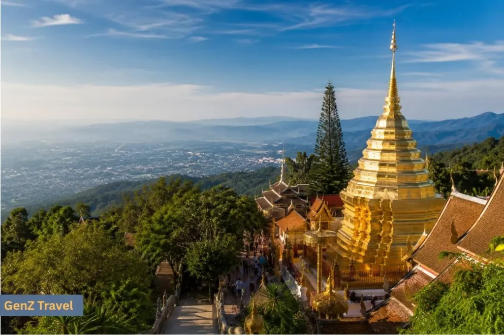 Golden Doi Suthep temple overlooking Chiang Mai and the surrounding mountain valley