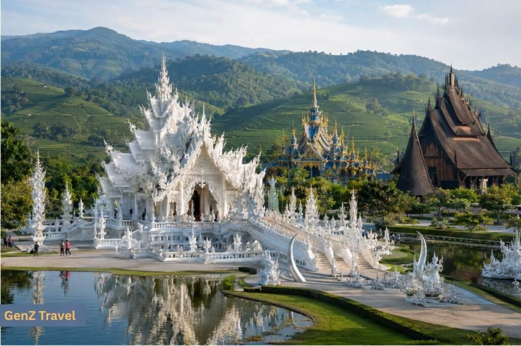 White Temple, Blue Temple and Baan Dam-style architecture surrounded by Chiang Rai mountains