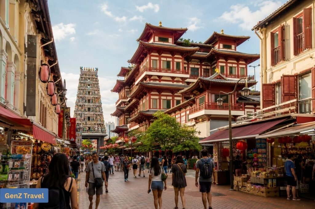 Tourists exploring colourful shops, temples and traditional architecture in Singapore’s Chinatown district.