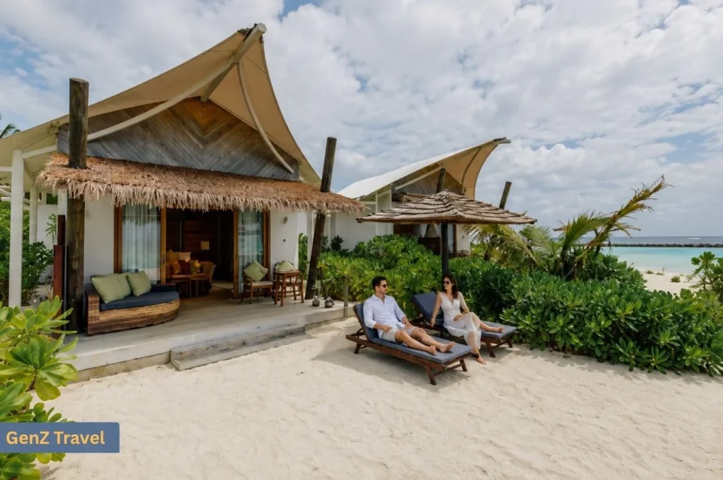 Couple relaxing outside a Cinnamon Hakuraa Huraa beach villa beside the Maldives lagoon
