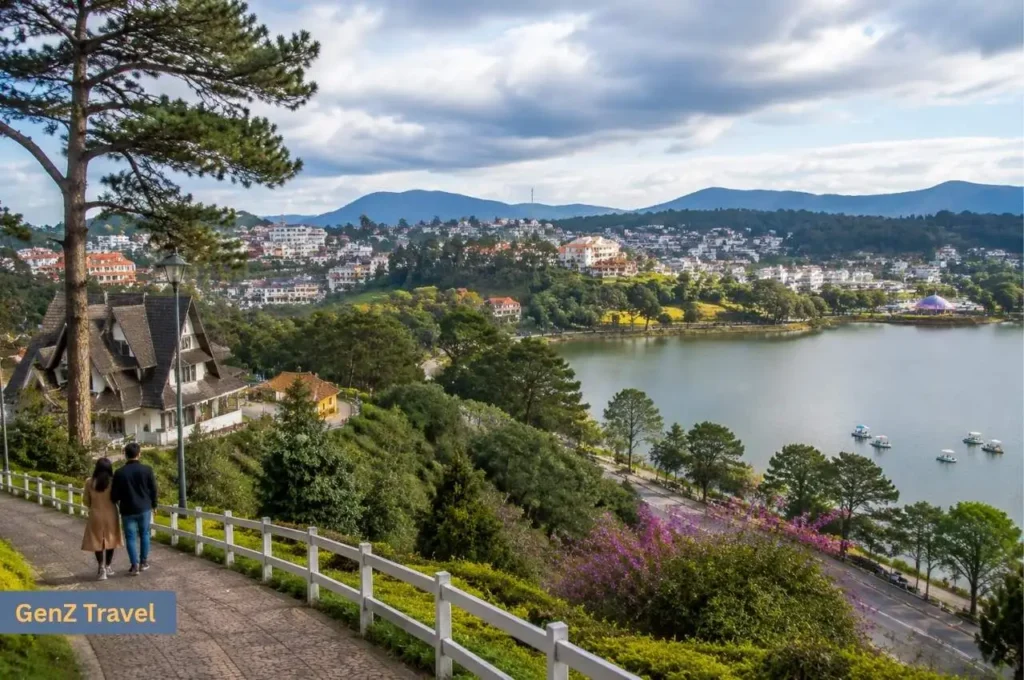 Couple walking beside Xuan Huong Lake with pine trees, hillside villas and mountain views in Da Lat