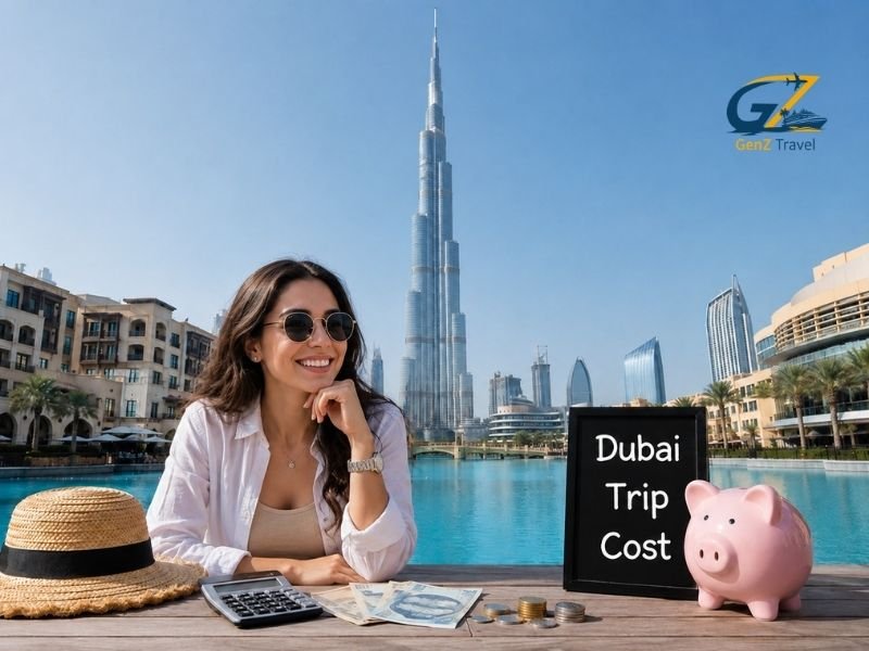 Female traveller planning her Dubai trip cost with Burj Khalifa, calculator, cash and savings jar
