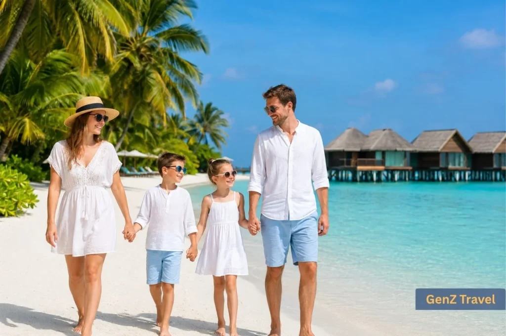 Family of four walking along a white-sand Maldives beach beside turquoise water and overwater villas.