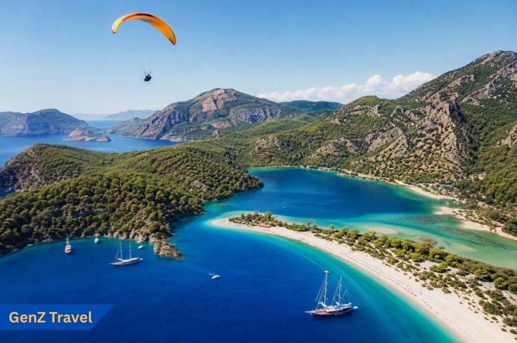 Ölüdeniz Blue Lagoon aerial view with paragliding, one of the most beautiful places in Turkey