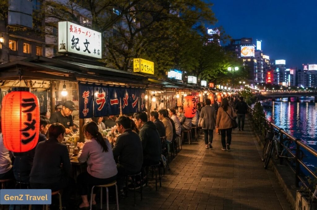 Fukuoka and Northern Kyushu: Riverside yatai food stalls serving ramen at night in Fukuoka.