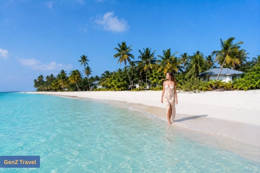Woman walking along quiet Fulhadhoo Beach with white sand, turquoise water and palm-lined guesthouses.