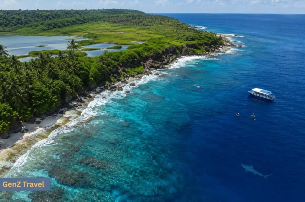 Aerial view of Fuvahmulah coastline, wetlands, divers and a shark in the deep blue ocean