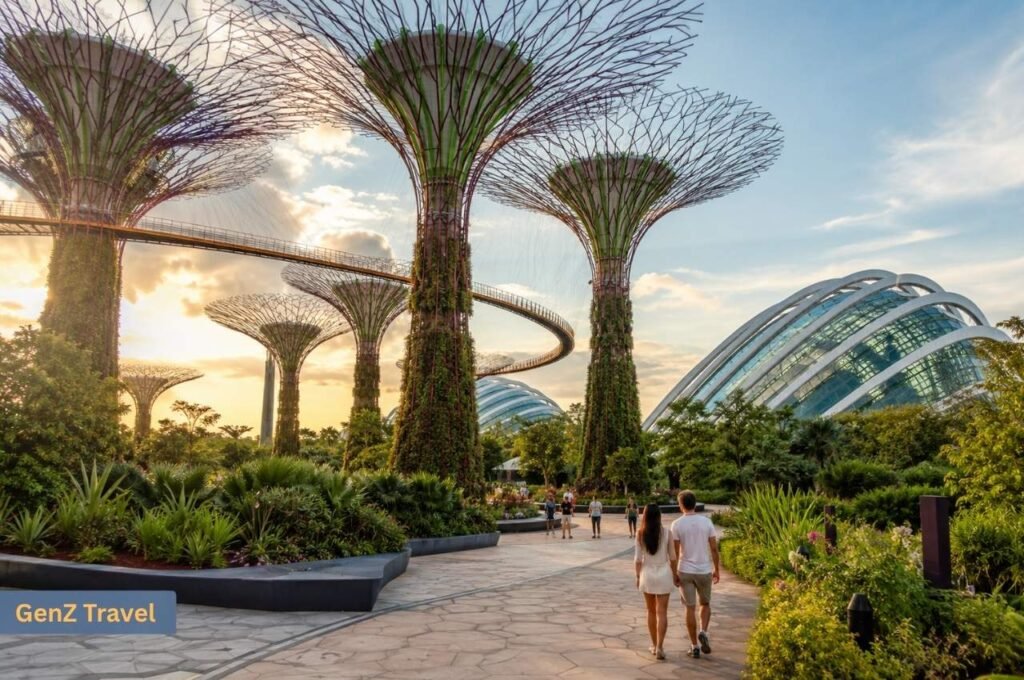 Couple walking beneath the Supertrees and conservatories at Gardens by the Bay in Singapore