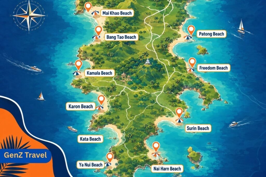 Map of the best beaches in Phuket Thailand