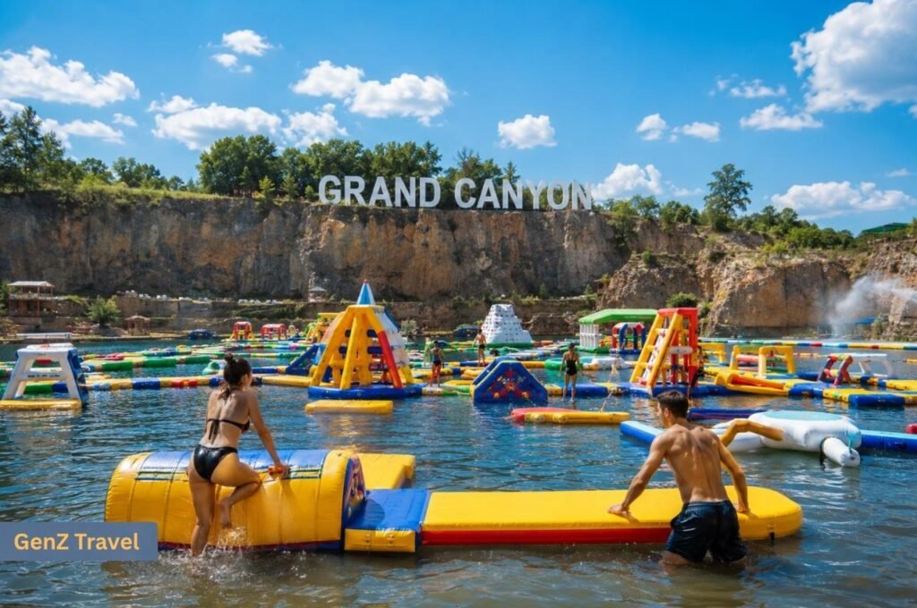 Visitors tackling colourful inflatable obstacles at Grand Canyon Water Park in Chiang Mai, Thailand