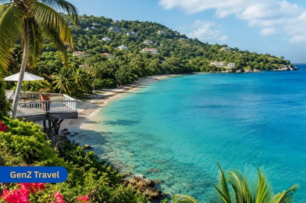 Scenic Caribbean island coastline with turquoise sea and tropical green hills