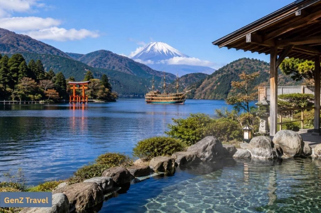 Hakone: Outdoor onsen overlooking Lake Ashi, a torii gate and Mount Fuji in Hakone.