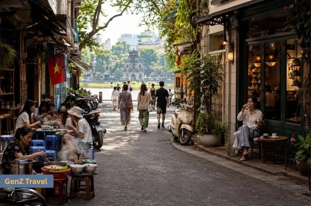Lively Hanoi Old Quarter street with local food stalls, cafés, scooters and Hoan Kiem Lake in the background