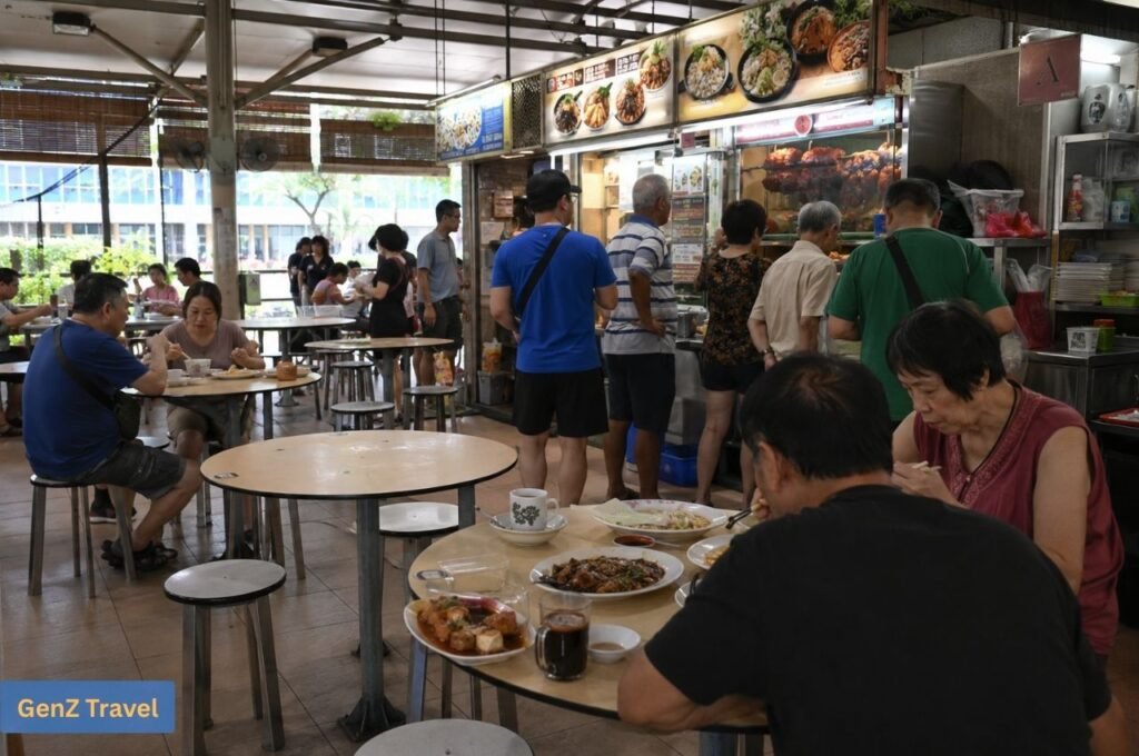 Visitors ordering and enjoying traditional Singaporean dishes at a local hawker centre.