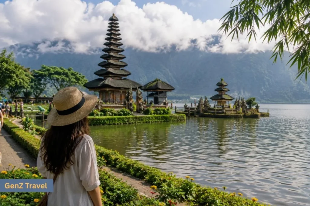 Traveller viewing Ulun Danu Beratan Temple beside Lake Beratan in Bali’s highlands.