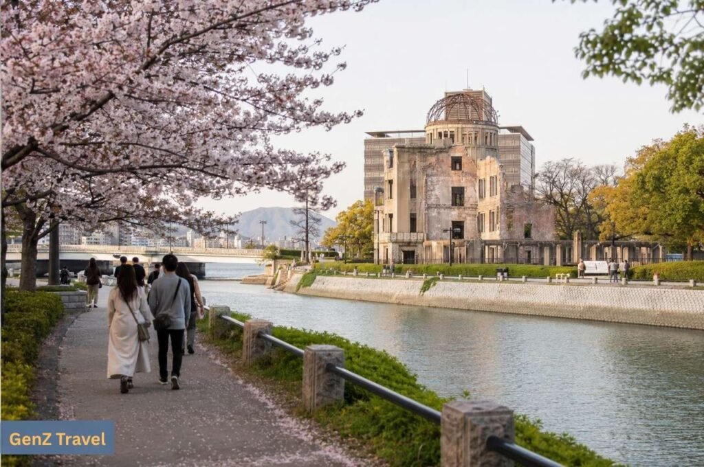 Hiroshima: Hiroshima Atomic Bomb Dome beside the river during cherry blossom season.