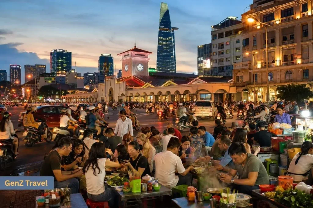 Busy evening street-food scene near Ben Thanh Market in Ho Chi Minh City, with motorbikes and illuminated city buildings