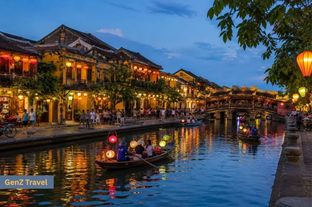 Lantern-lit riverside in Hoi An Ancient Town with historic buildings, boats and evening visitors